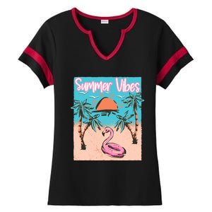 Summer Vibes Vacay Beach Flamingo Vacation Gift Ladies Halftime Notch Neck Tee