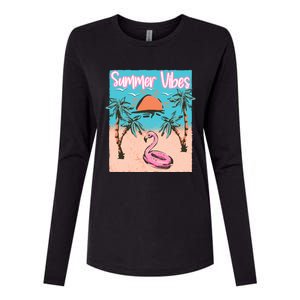 Summer Vibes Vacay Beach Flamingo Vacation Gift Womens Cotton Relaxed Long Sleeve T-Shirt