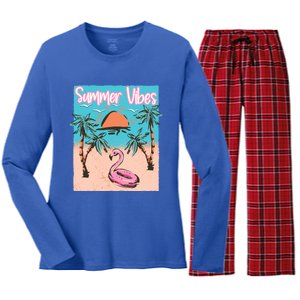 Summer Vibes Vacay Beach Flamingo Vacation Gift Women's Long Sleeve Flannel Pajama Set 