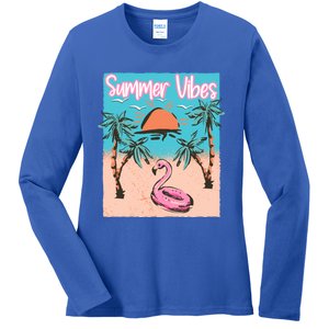 Summer Vibes Vacay Beach Flamingo Vacation Gift Ladies Long Sleeve Shirt