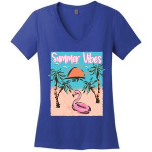 Summer Vibes Vacay Beach Flamingo Vacation Gift Women's V-Neck T-Shirt