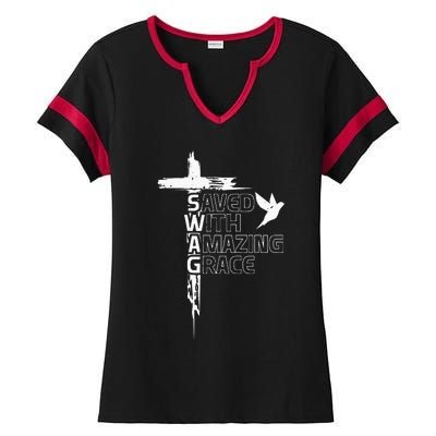 Saved With Amazing Grace Ladies Halftime Notch Neck Tee