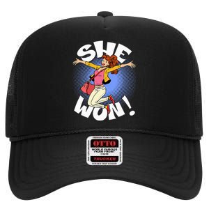 She Won! A Kamala Harris And 2024 President Elect High Crown Mesh Back Trucker Hat