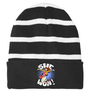 She Won! A Kamala Harris And 2024 President Elect Striped Beanie with Solid Band