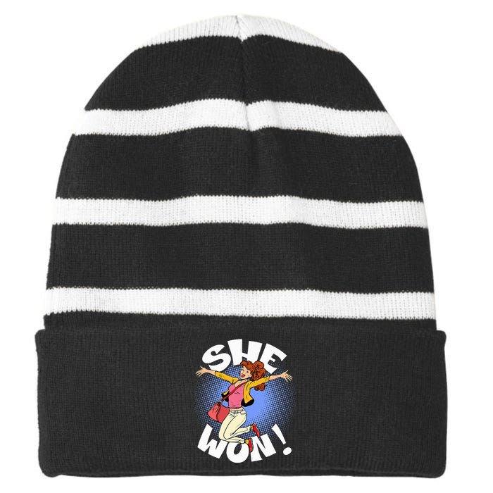 She Won! A Kamala Harris And 2024 President Elect Striped Beanie with Solid Band