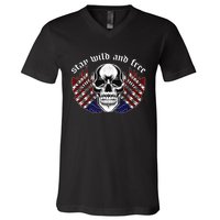 Stay Wild And Free | American Skull Flag V-Neck T-Shirt