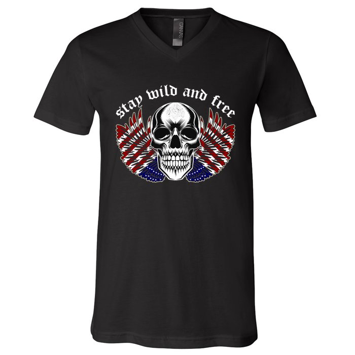 Stay Wild And Free | American Skull Flag V-Neck T-Shirt