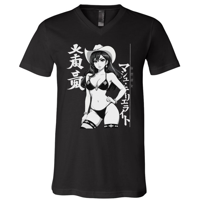 Sexy Waifu Anime Cowgirl Sheriff Rodeo Design V-Neck T-Shirt