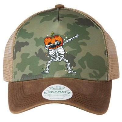 Skeleton With A Pumpkin Head Doing The Dab Dance Funny Gift Legacy Tie Dye Trucker Hat