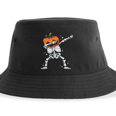 Skeleton With A Pumpkin Head Doing The Dab Dance Funny Gift Sustainable Bucket Hat
