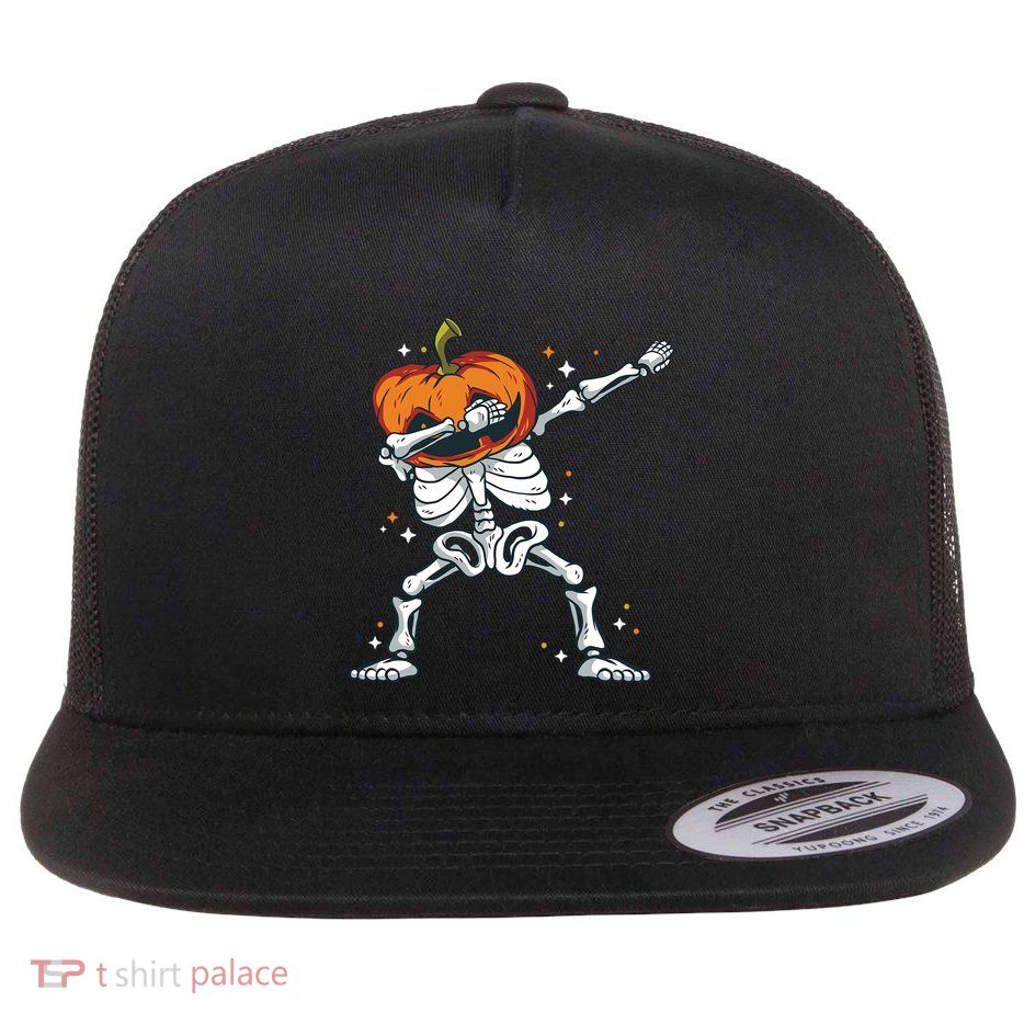 Skeleton With A Pumpkin Head Doing The Dab Dance Funny Gift Flatbill Hat