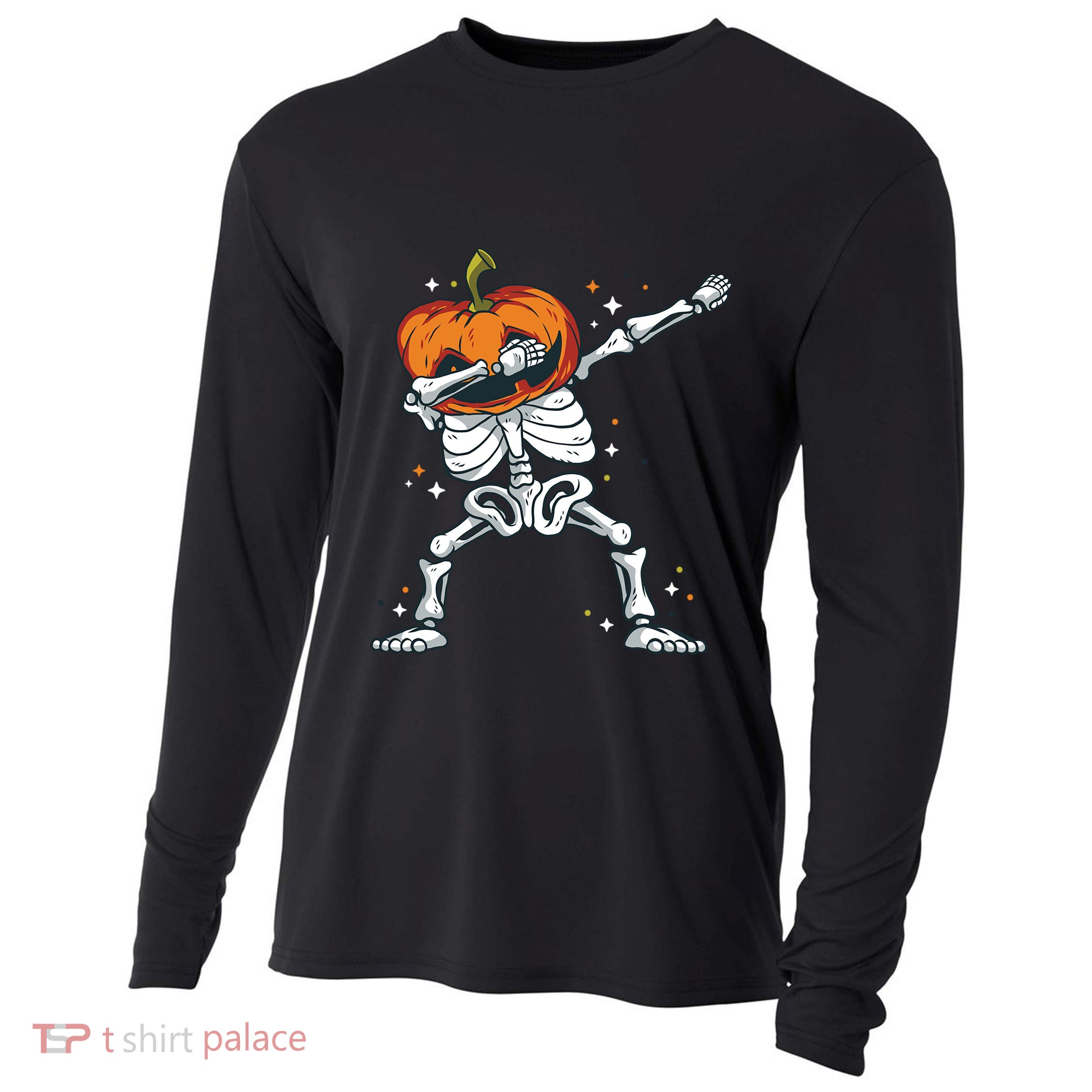 Skeleton With A Pumpkin Head Doing The Dab Dance Funny Gift Cooling Performance Long Sleeve Crew
