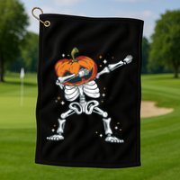 Skeleton With A Pumpkin Head Doing The Dab Dance Funny Gift Golf Towel