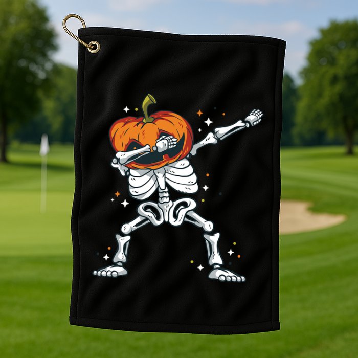 Skeleton With A Pumpkin Head Doing The Dab Dance Funny Gift Golf Towel