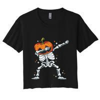 Skeleton With A Pumpkin Head Doing The Dab Dance Funny Gift Women's Crop Top Tee