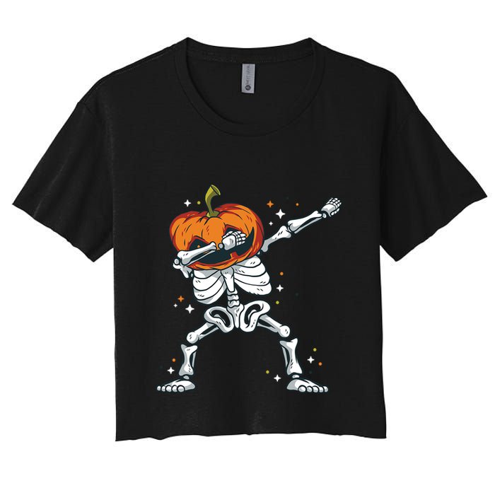 Skeleton With A Pumpkin Head Doing The Dab Dance Funny Gift Women's Crop Top Tee