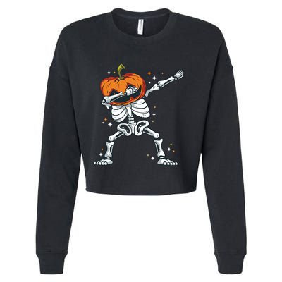 Skeleton With A Pumpkin Head Doing The Dab Dance Funny Gift Cropped Pullover Crew