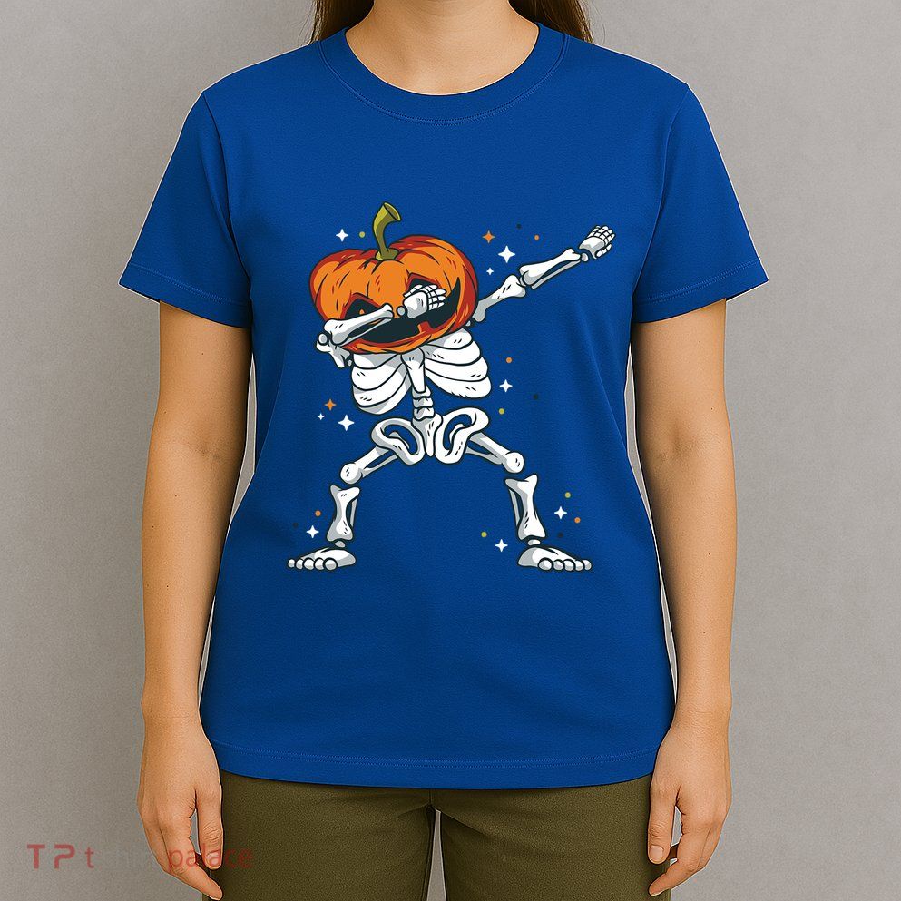 Skeleton With A Pumpkin Head Doing The Dab Dance Funny Gift T-Shirt