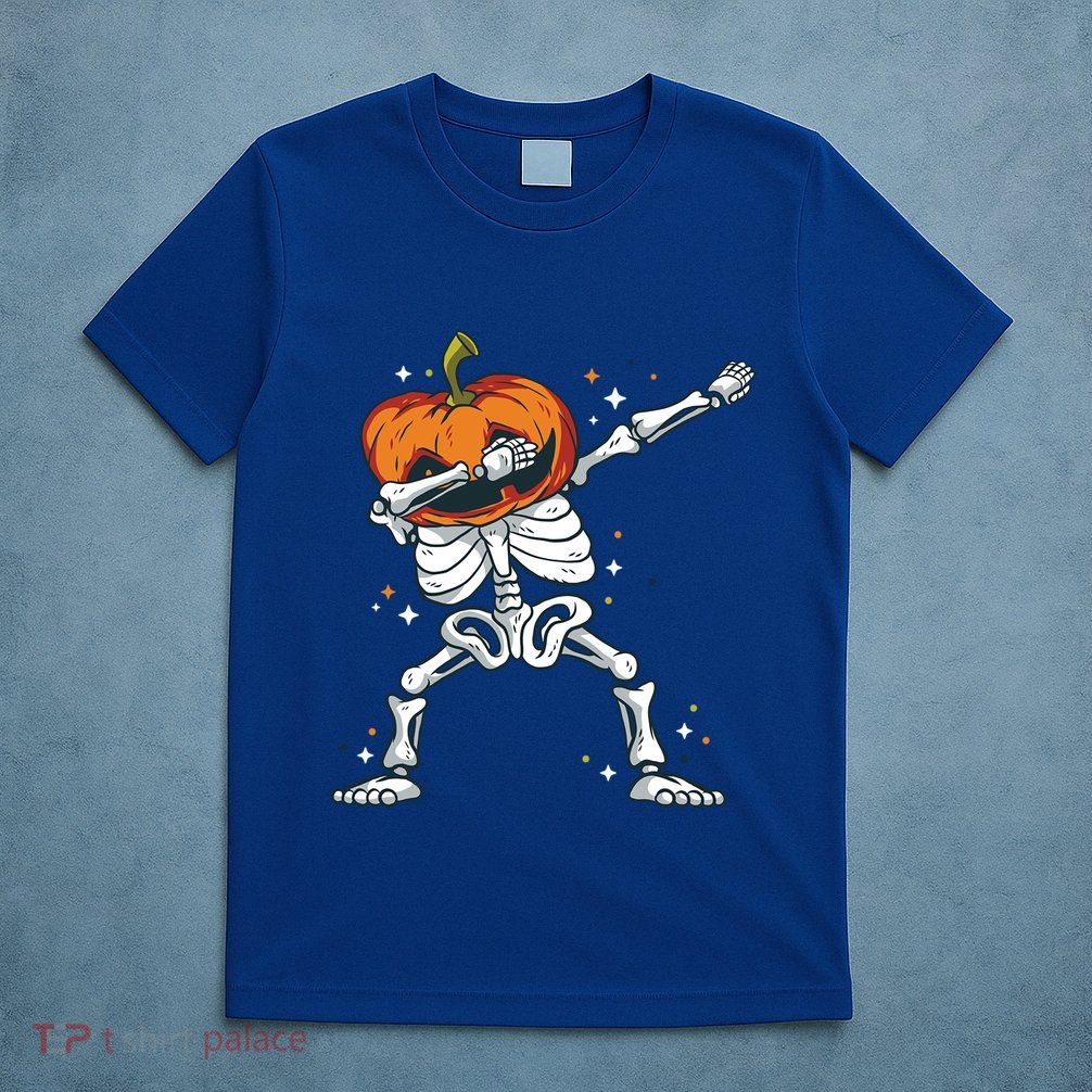 Skeleton With A Pumpkin Head Doing The Dab Dance Funny Gift T-Shirt