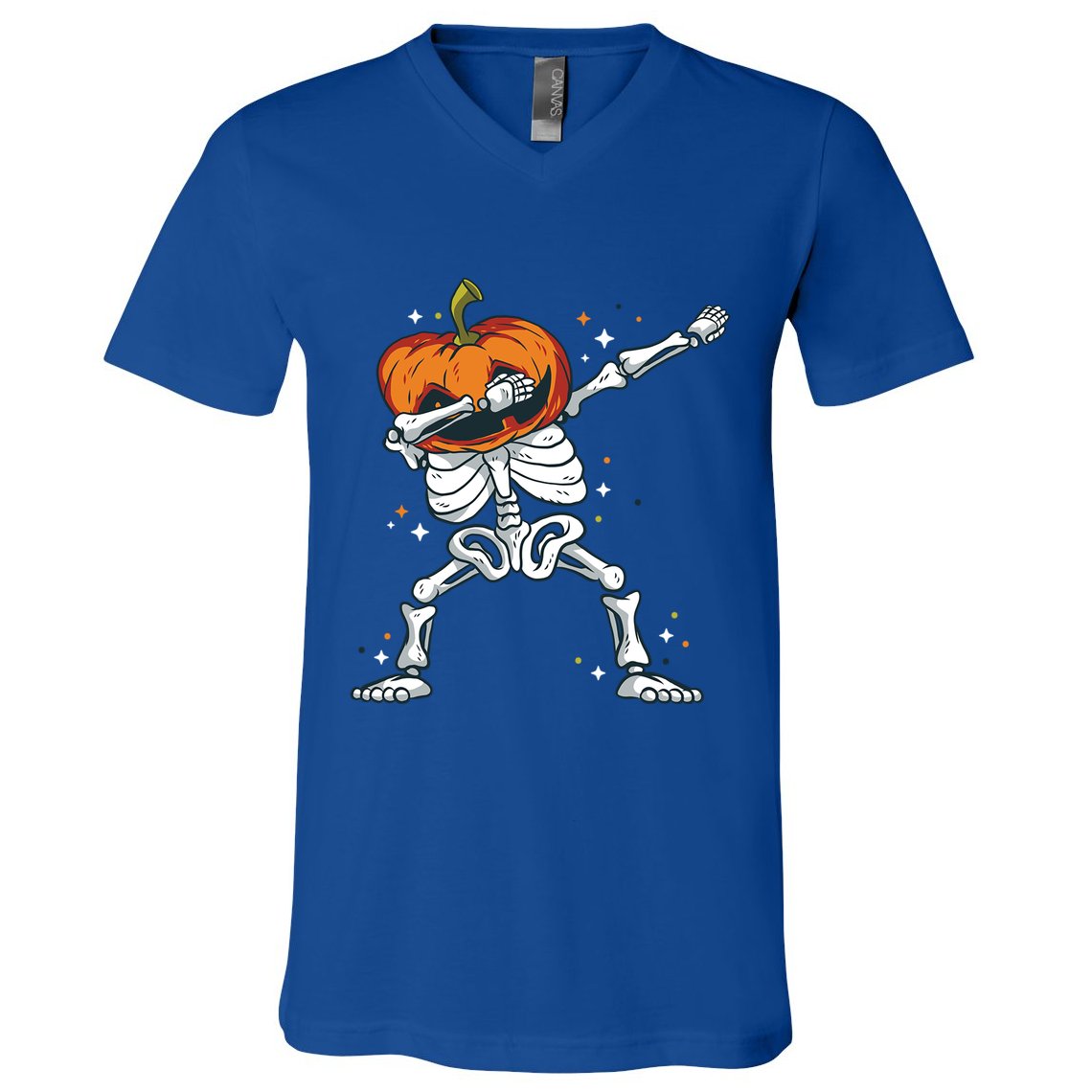 Skeleton With A Pumpkin Head Doing The Dab Dance Funny Gift V-Neck T-Shirt