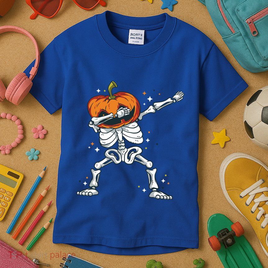 Skeleton With A Pumpkin Head Doing The Dab Dance Funny Gift Kids T-Shirt