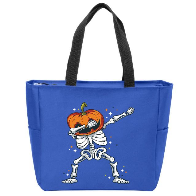 Skeleton With A Pumpkin Head Doing The Dab Dance Funny Gift Zip Tote Bag