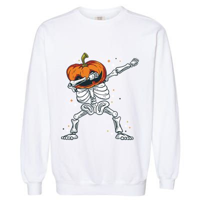 Skeleton With A Pumpkin Head Doing The Dab Dance Funny Gift Garment-Dyed Sweatshirt