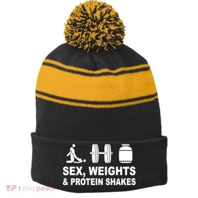 Sex Weights And Protein Shakes Gym Bodybuilding Trending Birthday Stripe Pom Pom Beanie