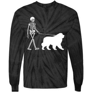 Skeleton Walking A Newfoundland Dog Halloween Outfit Tie-Dye Long Sleeve Shirt