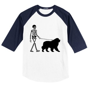 Skeleton Walking A Newfoundland Dog Halloween Outfit Baseball Sleeve Shirt