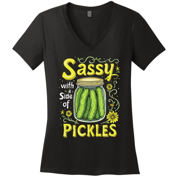 Sassy With A Side Of Pickles Trendy Pickle Women's V-Neck T-Shirt