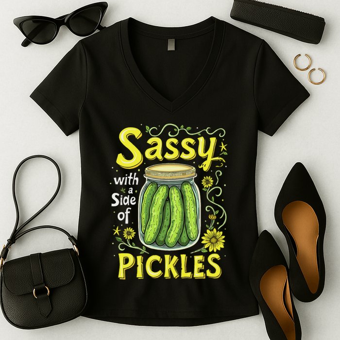 Sassy With A Side Of Pickles Trendy Pickle Women's V-Neck T-Shirt