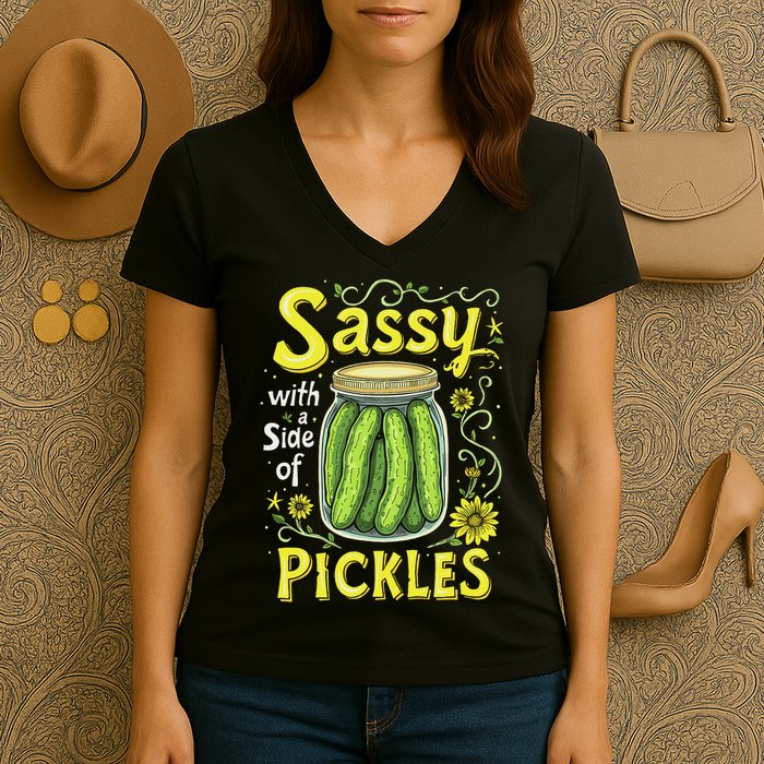 Sassy With A Side Of Pickles Trendy Pickle Women's V-Neck T-Shirt