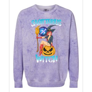 Sagittarius Witch And Cute Pumpkin And Astrology Gift Colorblast Crewneck Sweatshirt