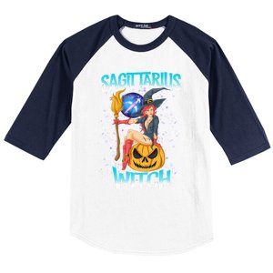 Sagittarius Witch And Cute Pumpkin And Astrology Gift Baseball Sleeve Shirt