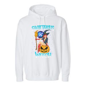 Sagittarius Witch And Cute Pumpkin And Astrology Gift Garment-Dyed Fleece Hoodie