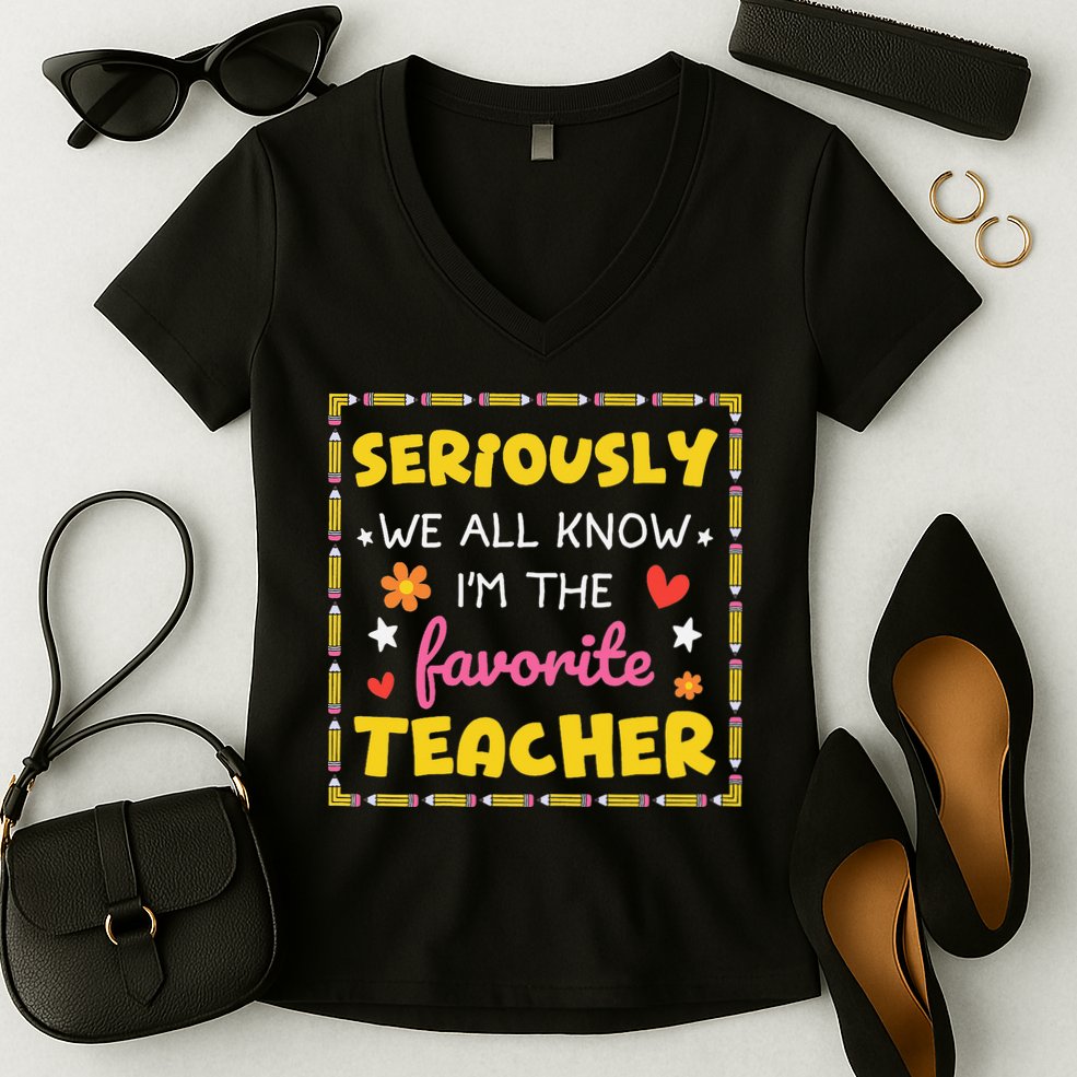 Seriously We All Know Im The Favorite Teacher Women Women's V-Neck T-Shirt