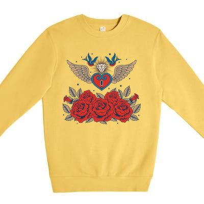 Swallow Bird Heart Locket And Roses Premium Crewneck Sweatshirt