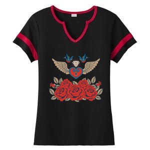 Swallow Bird Heart Locket And Roses Ladies Halftime Notch Neck Tee