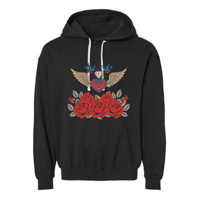 Swallow Bird Heart Locket And Roses Garment-Dyed Fleece Hoodie