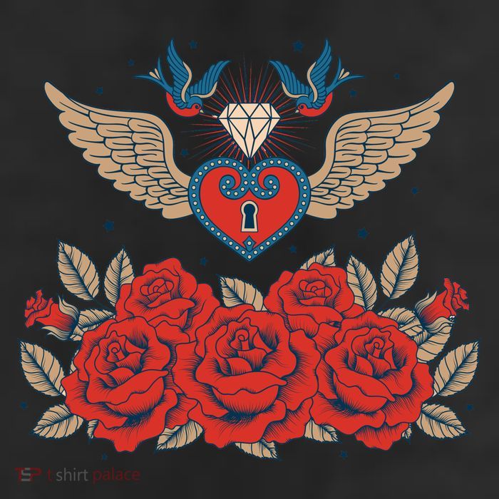 Swallow Bird Heart Locket And Roses 7 Panel Mesh Trucker Snapback Hat