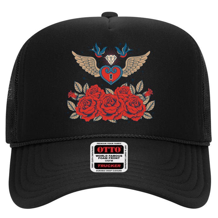 Swallow Bird Heart Locket And Roses High Crown Mesh Back Trucker Hat