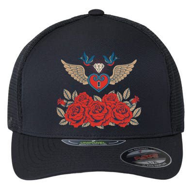 Swallow Bird Heart Locket And Roses Flexfit Unipanel Trucker Cap