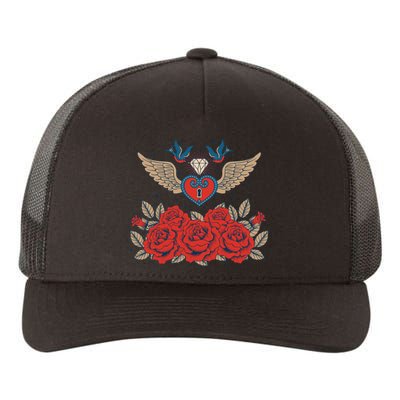 Swallow Bird Heart Locket And Roses Yupoong Adult 5-Panel Trucker Hat