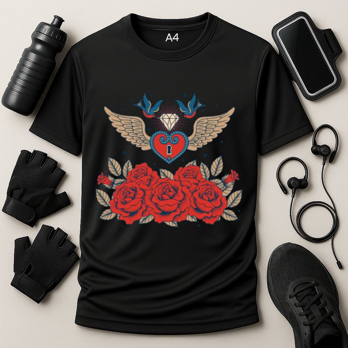 Swallow Bird Heart Locket And Roses Performance Shirt