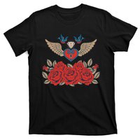 Swallow Bird Heart Locket And Roses T-Shirt