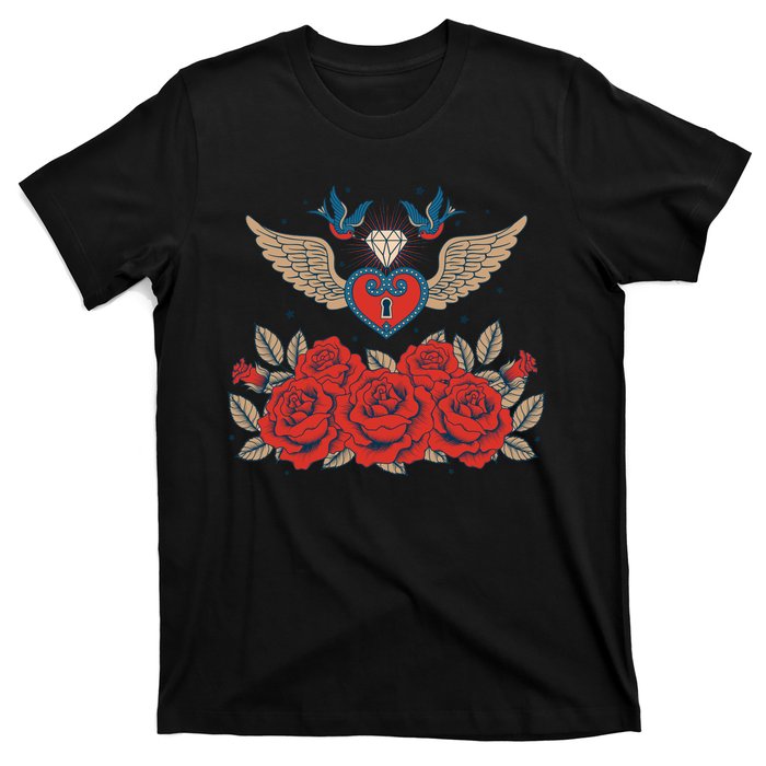 Swallow Bird Heart Locket And Roses T-Shirt