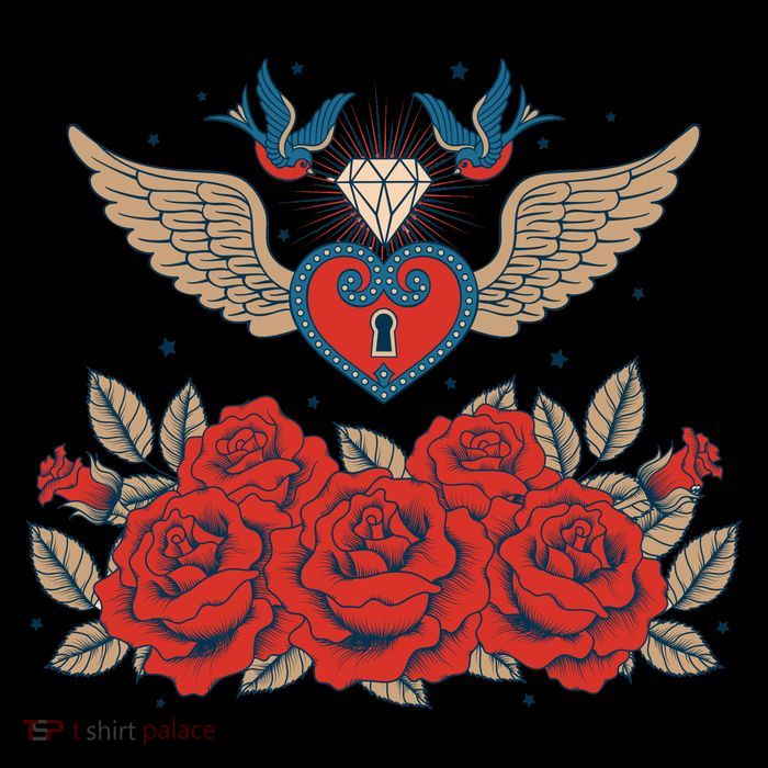 Swallow Bird Heart Locket And Roses T-Shirt