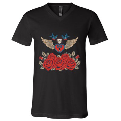 Swallow Bird Heart Locket And Roses V-Neck T-Shirt