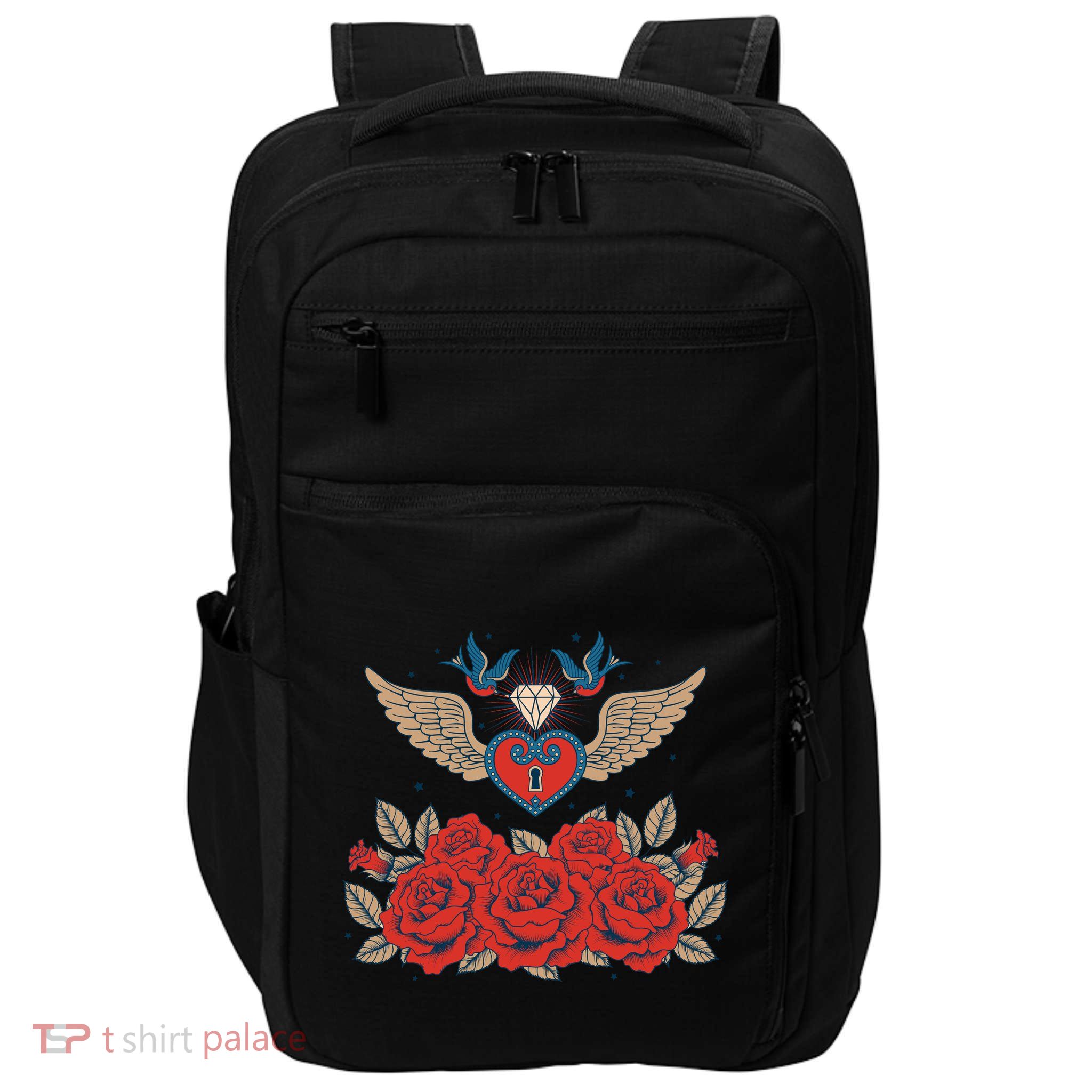 Swallow Bird Heart Locket And Roses Impact Tech Backpack